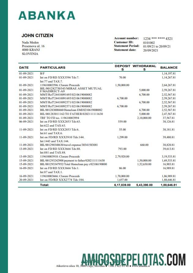 em branco Eslovênia Abanka D.d Modelo de extrato bancário em formato Word e PDF